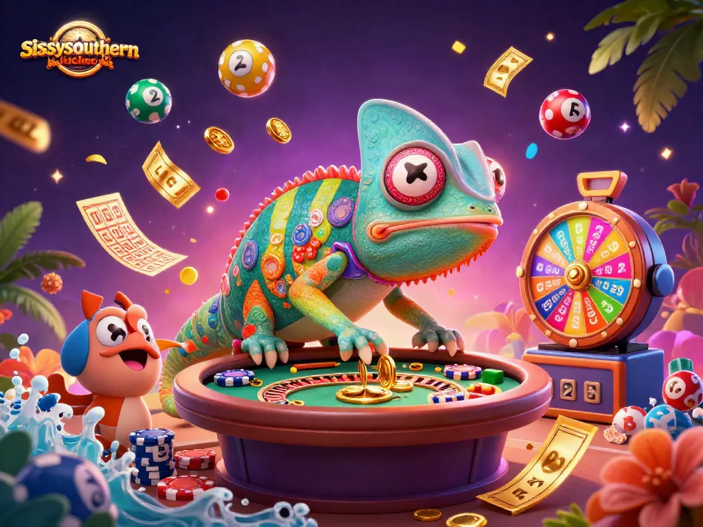 Sissy's Southern Kitchen entertains with vibrant gaming elements and a chameleon casino owner.
