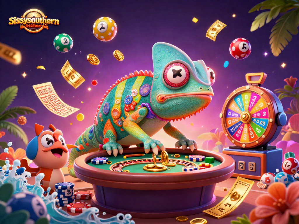 Sissy's Southern Kitchen entertains with vibrant gaming elements and a chameleon casino owner.