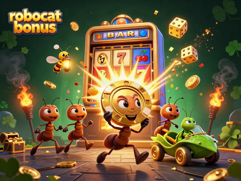Experience the robocat bonus excitement with ants heisting a giant poker chip amid casino magic.