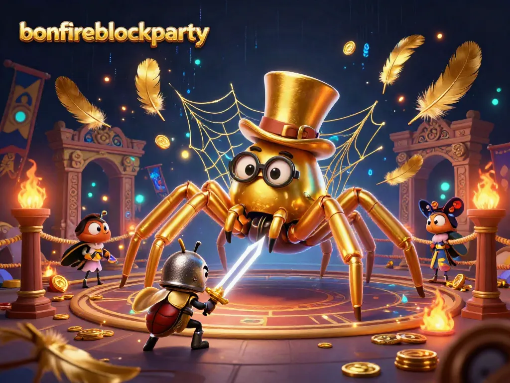 Experience the excitement of bonfireblockparty as a golden tarantula weaves a web amid casino thrills.