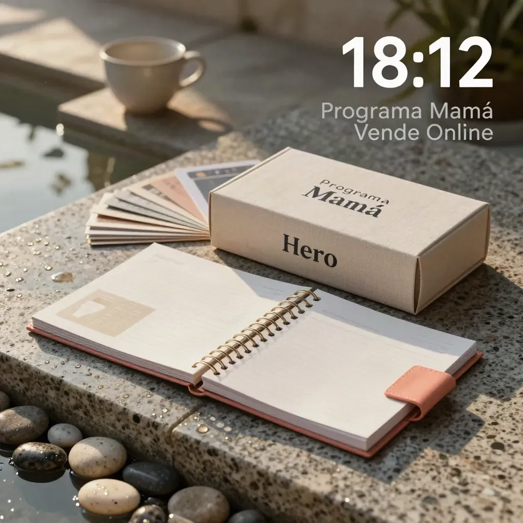 Kit premium de Mamá Vende Online sobre travertino húmedo con cuaderno, tarjetas y planner coral.