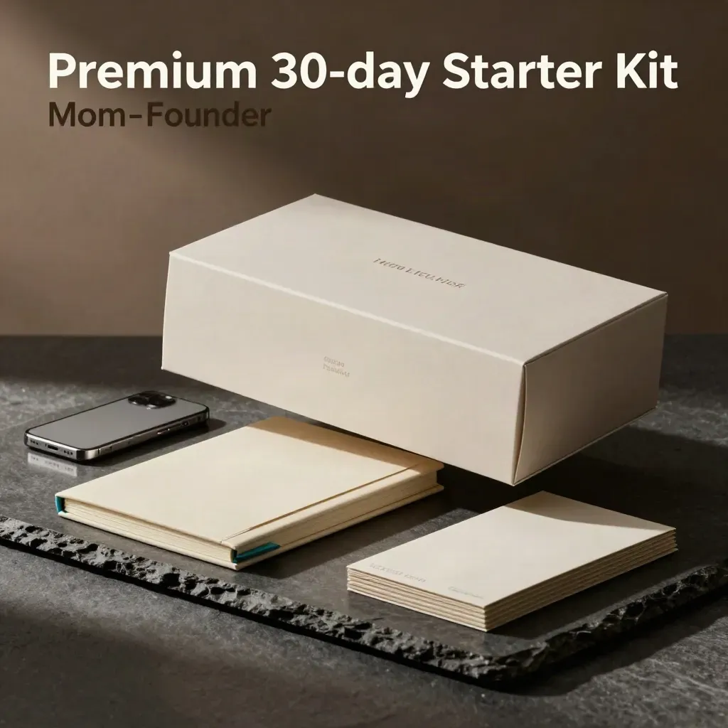 Pack de inicio premium para emprender, con caja, libreta, tarjetas y móvil apagado sobre piedra oscura.