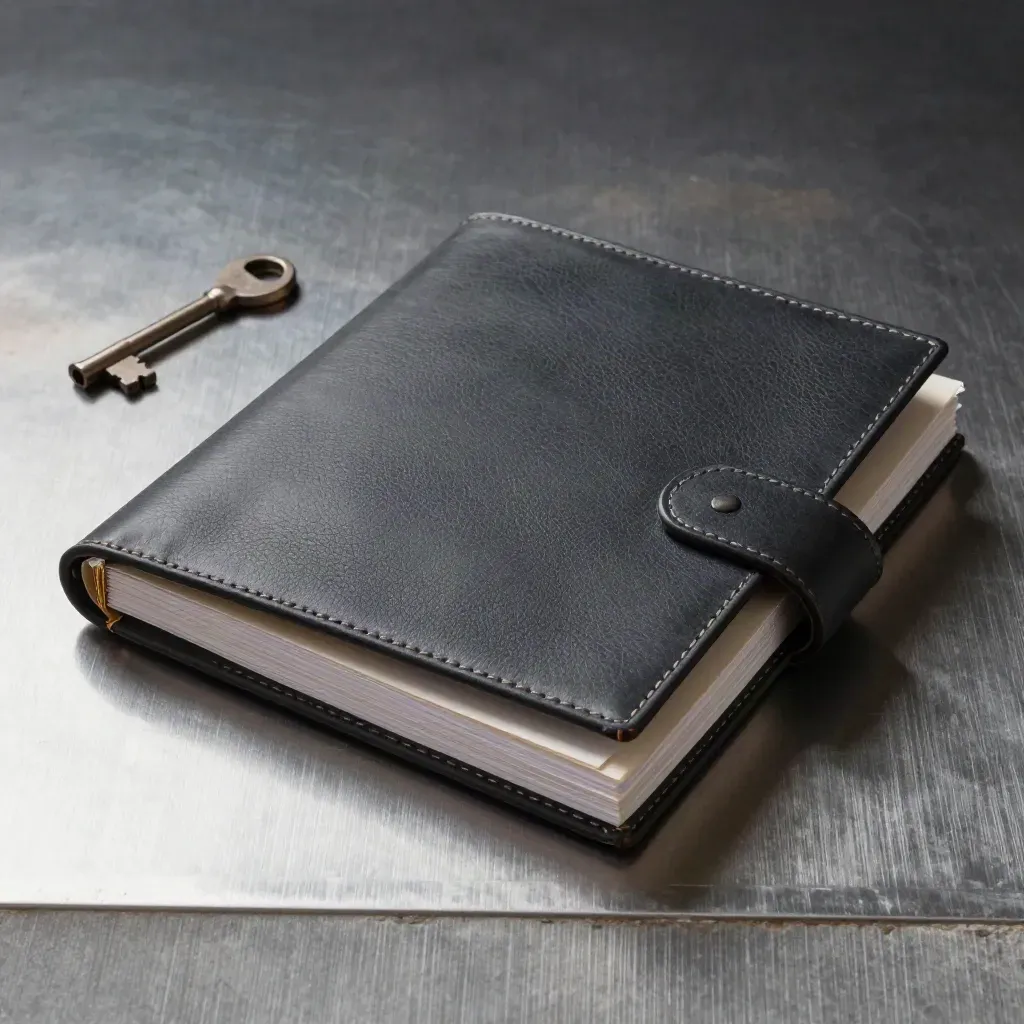 Kit premium de mentoría con carpeta, libreta cosida y fichas sobre metal cepillado.