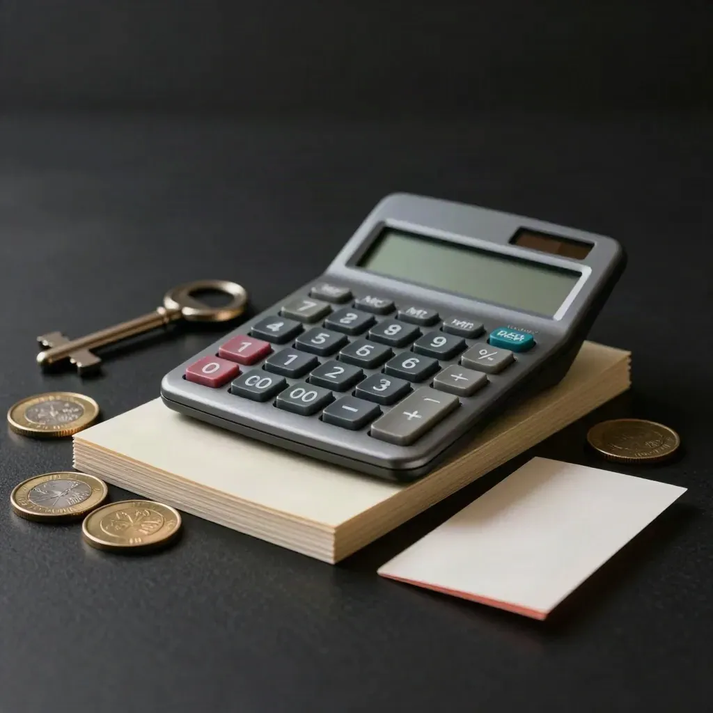 Calculadora compacta con fichas y tarjetas de márgenes sobre fondo oscuro, luz dramática.
