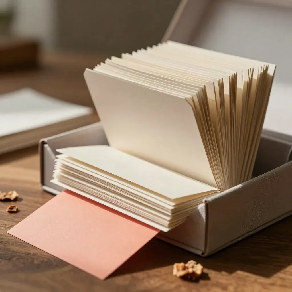 Kit de marca en caja rígida con muestras de color, tarjetas y sobres neutros sobre madera cálida.