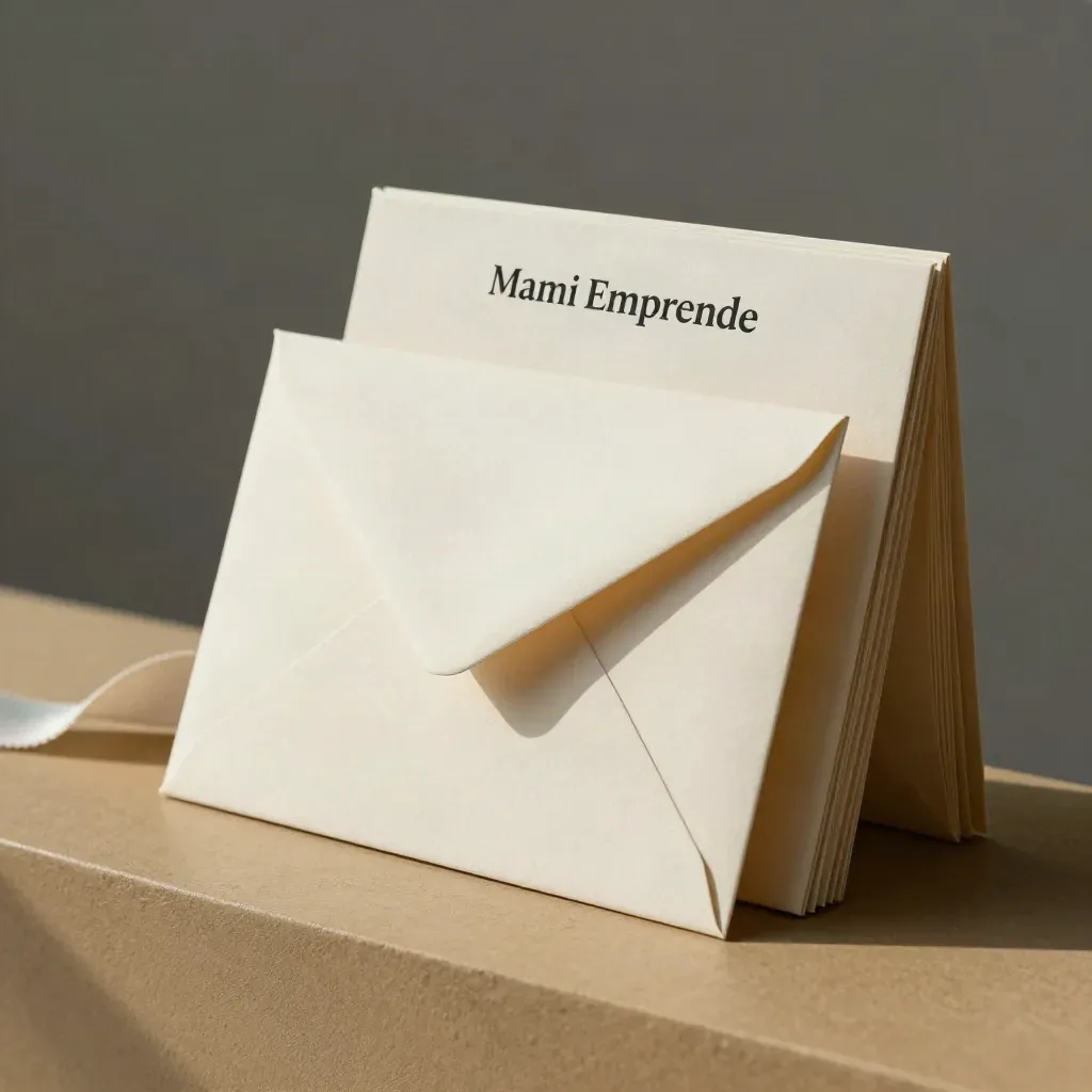 Set de sobres y tarjetas de bienvenida en papel crema con cinta neutra sobre fondo cálido.