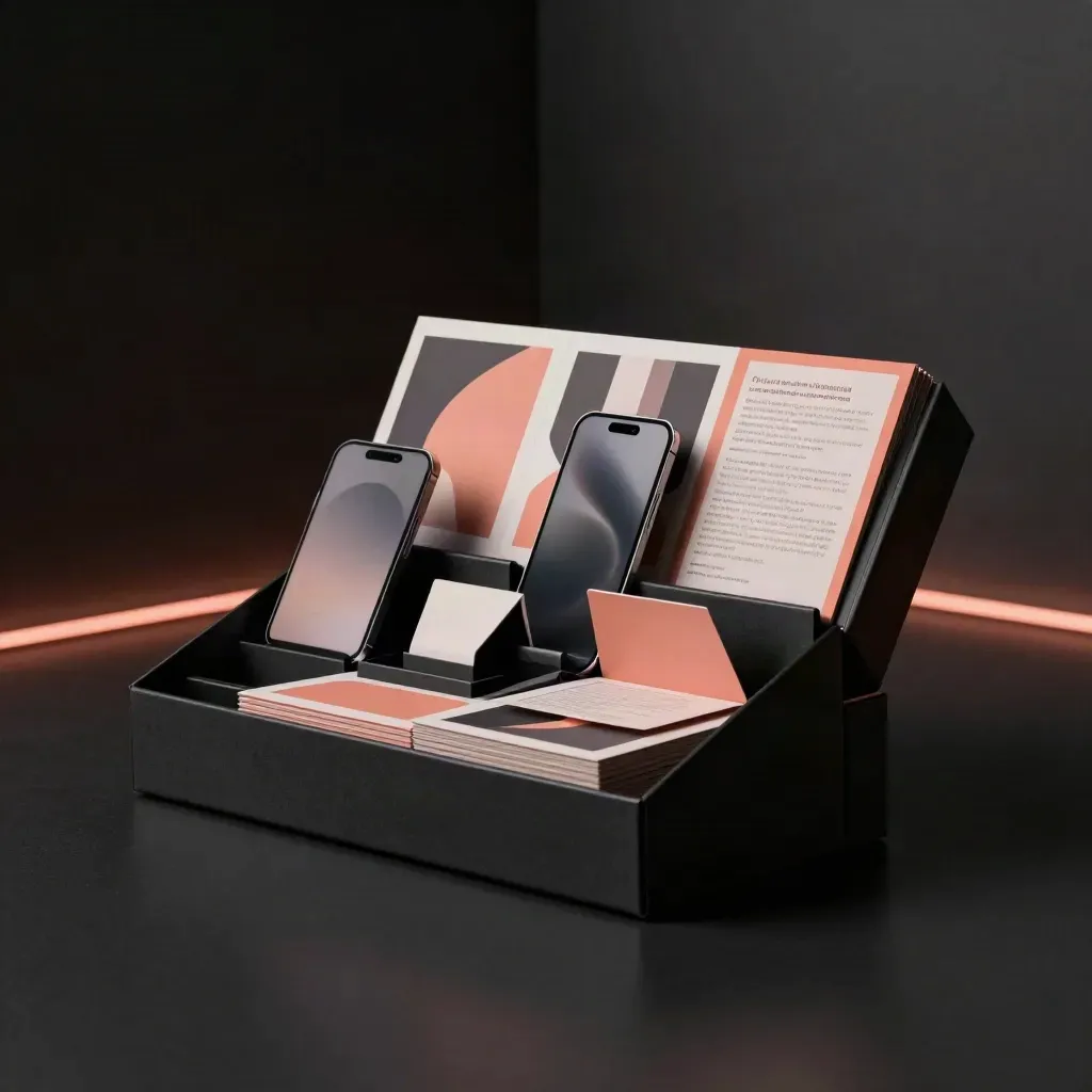 Kit físico de clase de anuncios con móvil apagado y tarjetas abstractas sobre fondo oscuro.