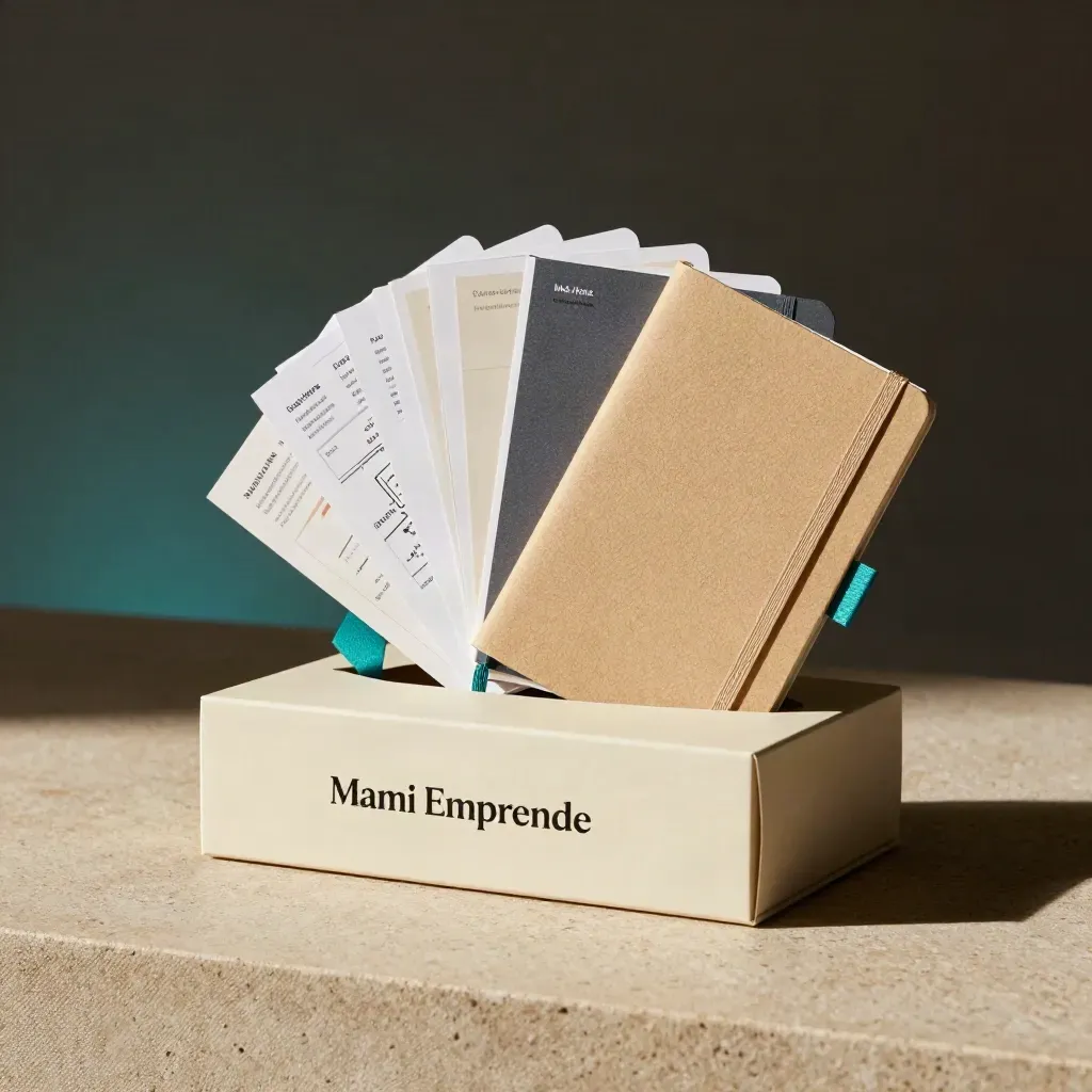 Pack de inicio para emprender, con caja, cuaderno y tarjetas sobre piedra cálida.