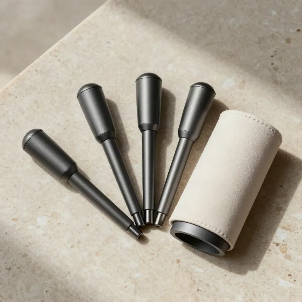 Flatlay cenital de tres audios físicos para vender, con funda y base sobre travertino.