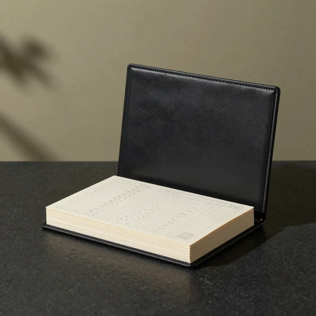 Kit físico de plantilla de precios en caja rígida negra con tarjetas crema y papeles de cálculo.