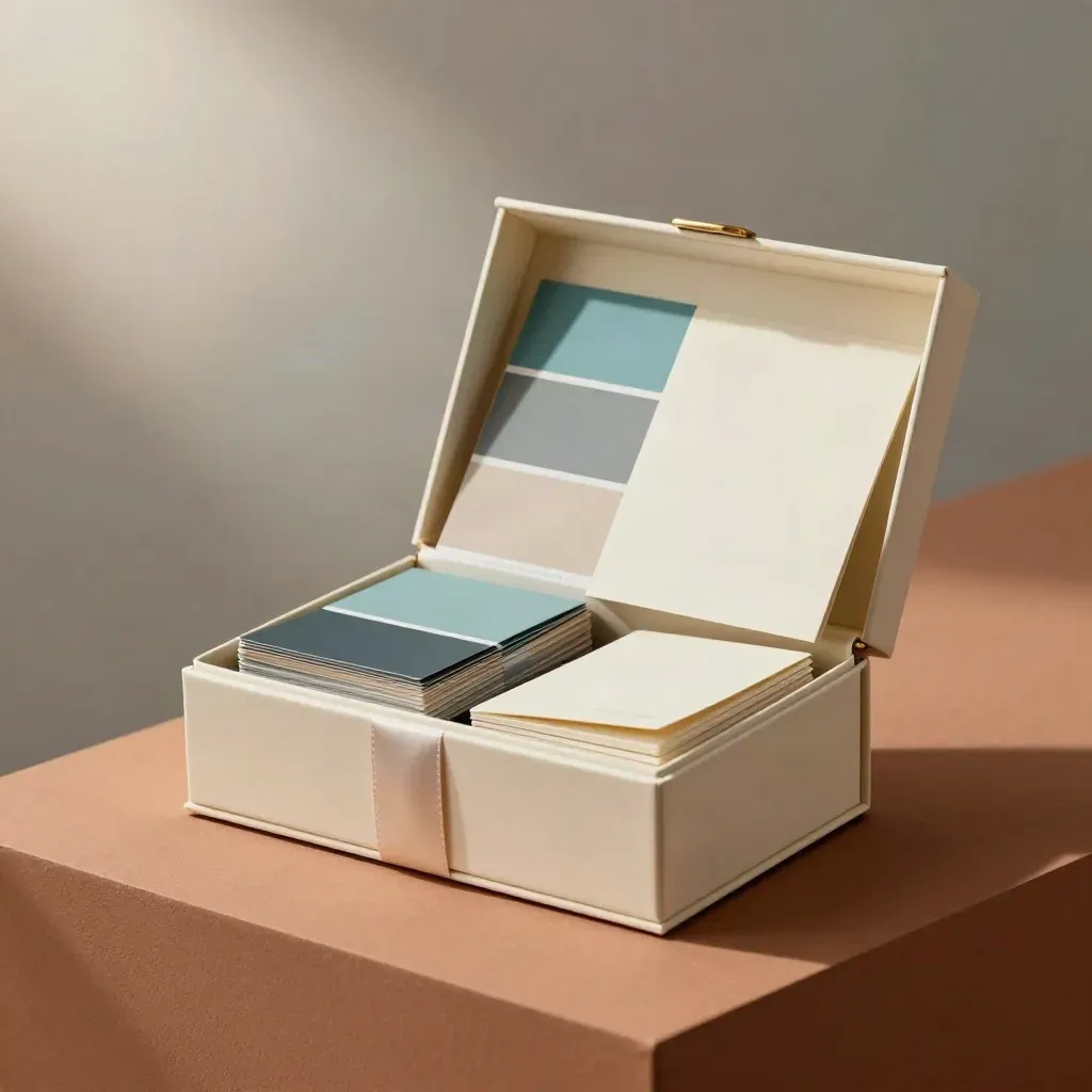 Caja compacta de mini curso de marca abierta sobre pedestal de terracota con tarjetas y libreta.