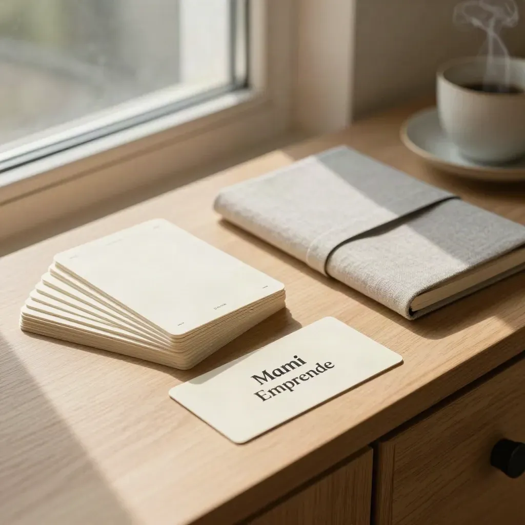 Tarjetas físicas de textos para Instagram y libreta sobre aparador claro con luz suave.