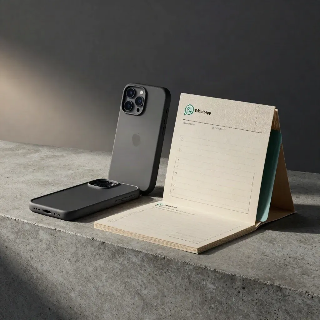 Kit físico de respuestas por WhatsApp sobre concreto, con tarjetas, funda móvil y sobre neutro.