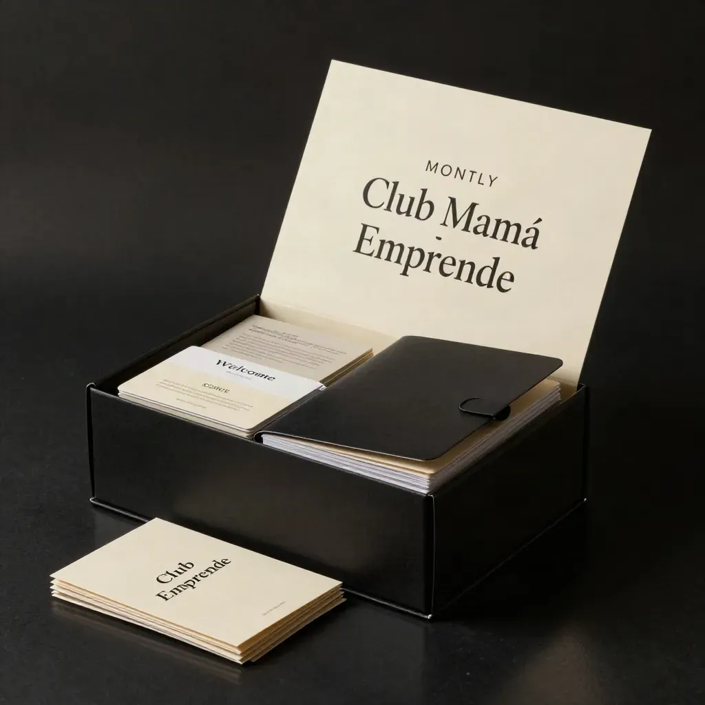 Caja mensual de membresía con cuaderno y tarjetas, iluminada de forma dramática sobre fondo oscuro.