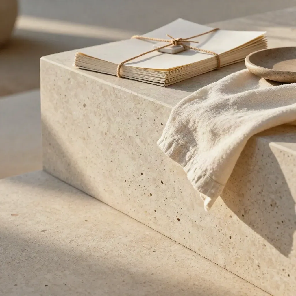 Terraza de travertino claro con lino crema y folios neutros para cursos cortos