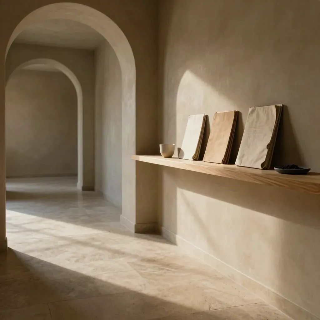Pasillo de estudio cálido con arcos de yeso, suelo mineral y luz lateral suave.