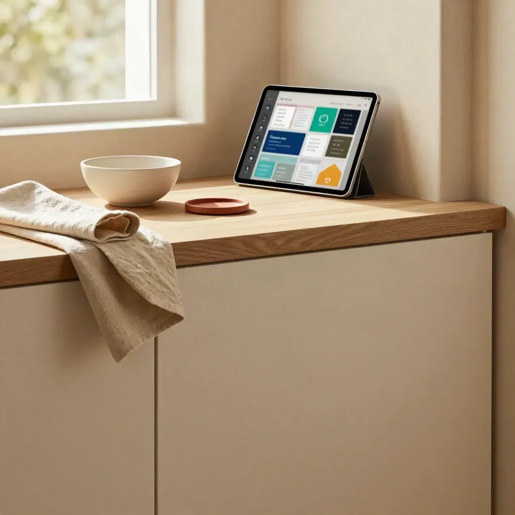 Rincón creativo con madera clara, cerámica neutra y tablet desenfocado para plantillas Canva.