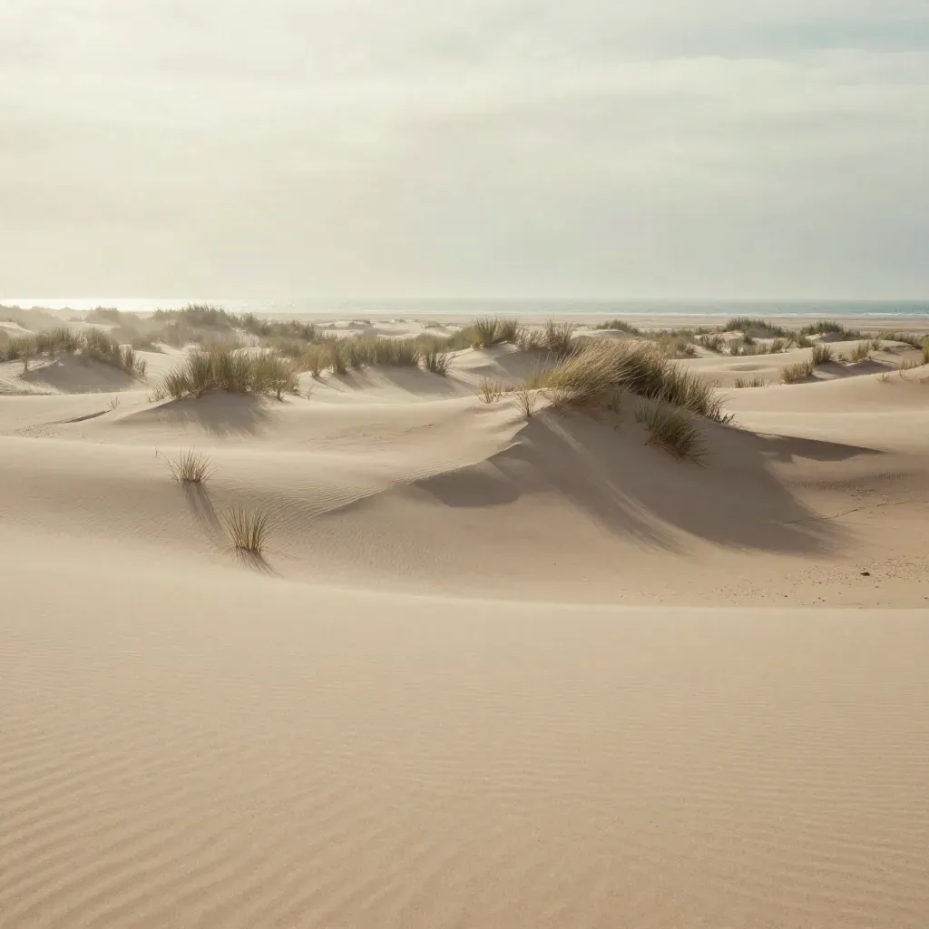 Dunas suaves con hierba baja, costa lejana y cielo velado con espacio amplio para texto.