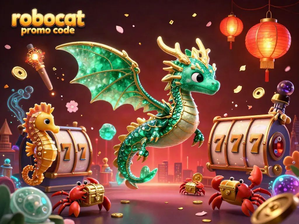 Activate winning strategies with robocat promo code amidst a vibrant casino scene featuring sea dragon and slot reels.