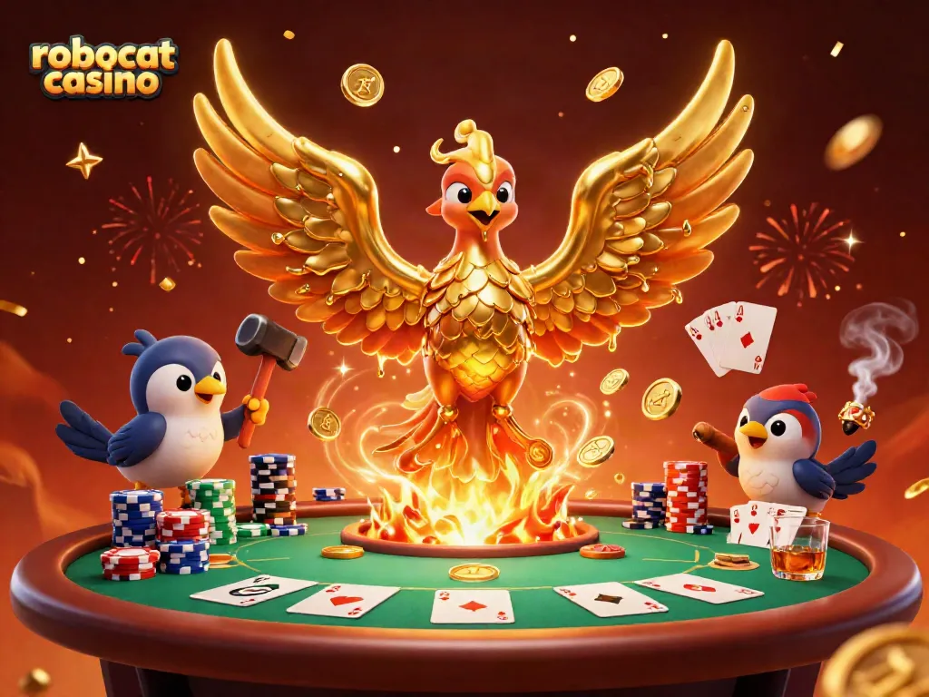 Engage with robocat casino featuring a golden phoenix and poker elements in a vibrant 3D scene.